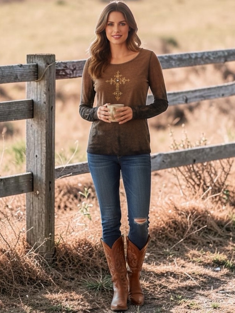 Velvet Stone Brown Long-Sleeve Embellished Scoop Neck Tee